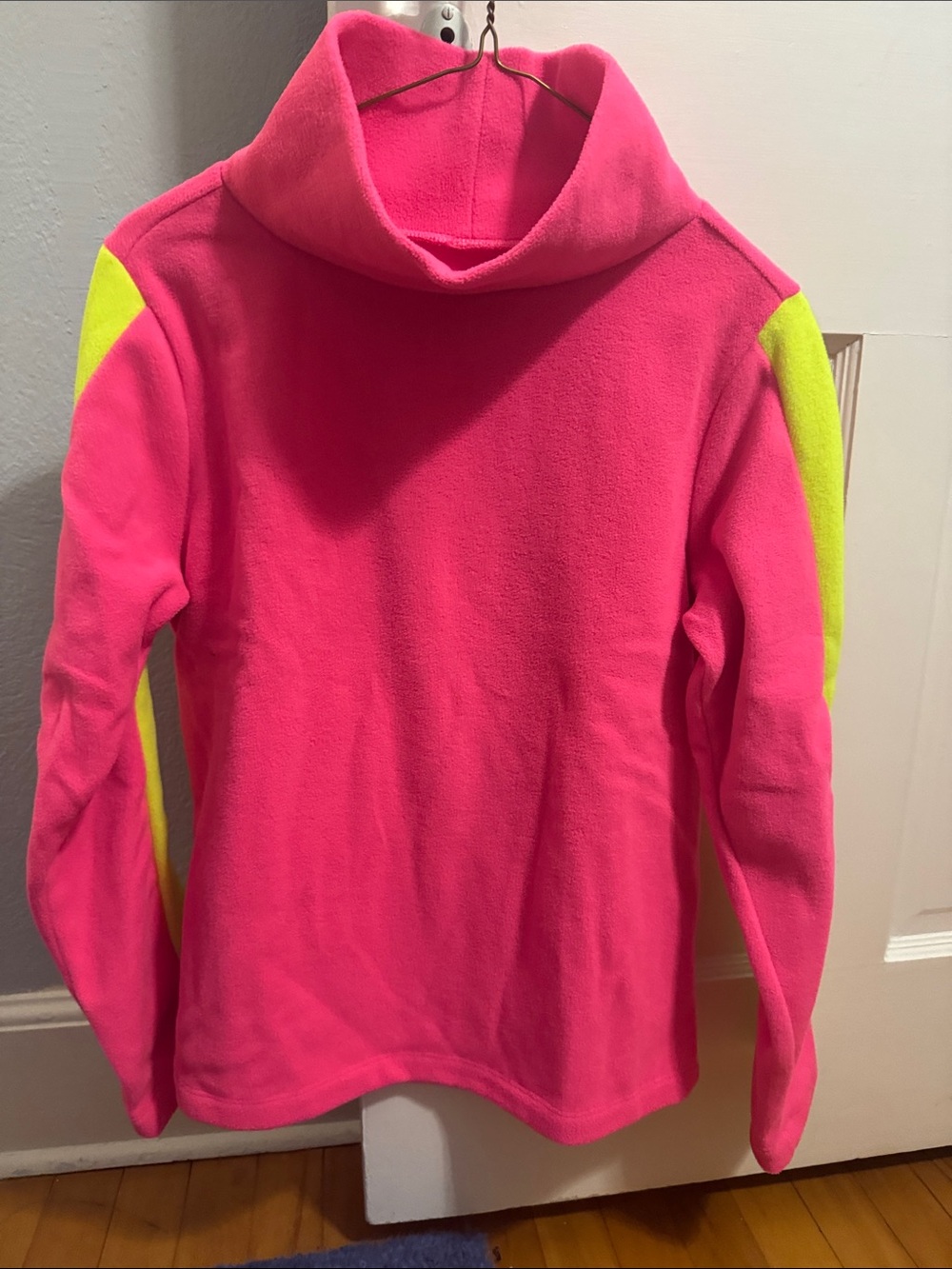 Dudley Stephens Hot Pink Funnel Neck Sweater with Neon Yellow Sleeve Panels